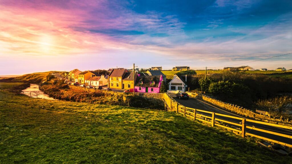 Colorful Irish village at sunset